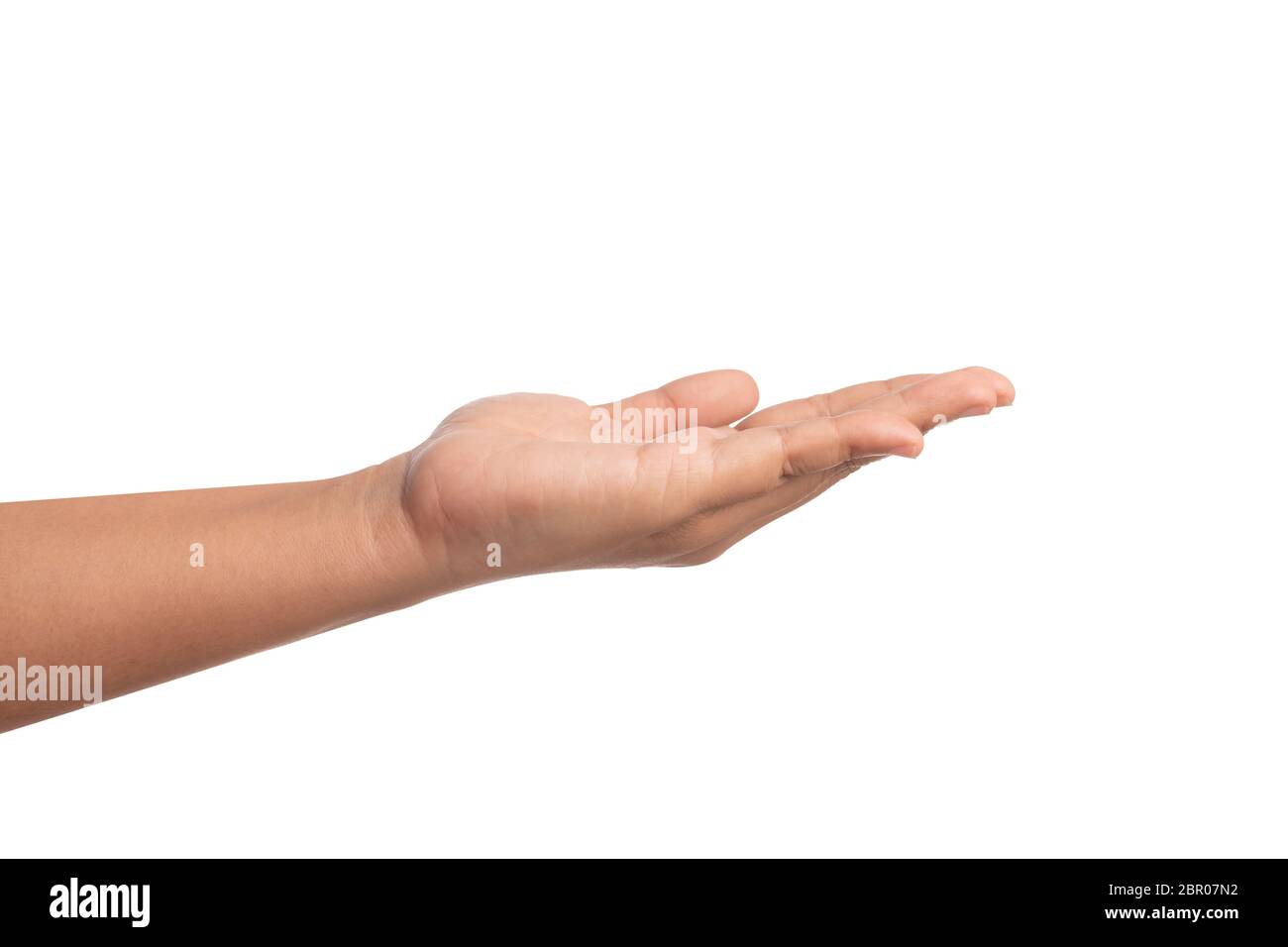 Öffnen Sie die Handfläche der linken Hand, um etwas zu erbitten. Frauen Hand isoliert auf weißem Hintergrund. Stockfoto