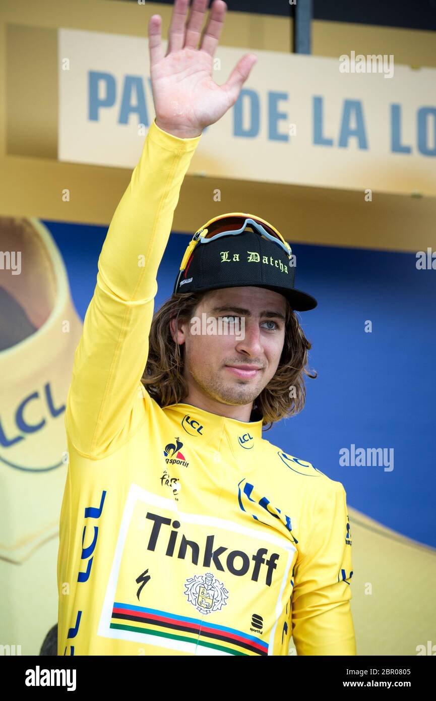 02.07.2016. Angers, Frankreich. Tour de France Etappe 3 von Granville nach Angers. Peter Sagan bleibt nach Etappe 3 im gelben Trikot. Stockfoto