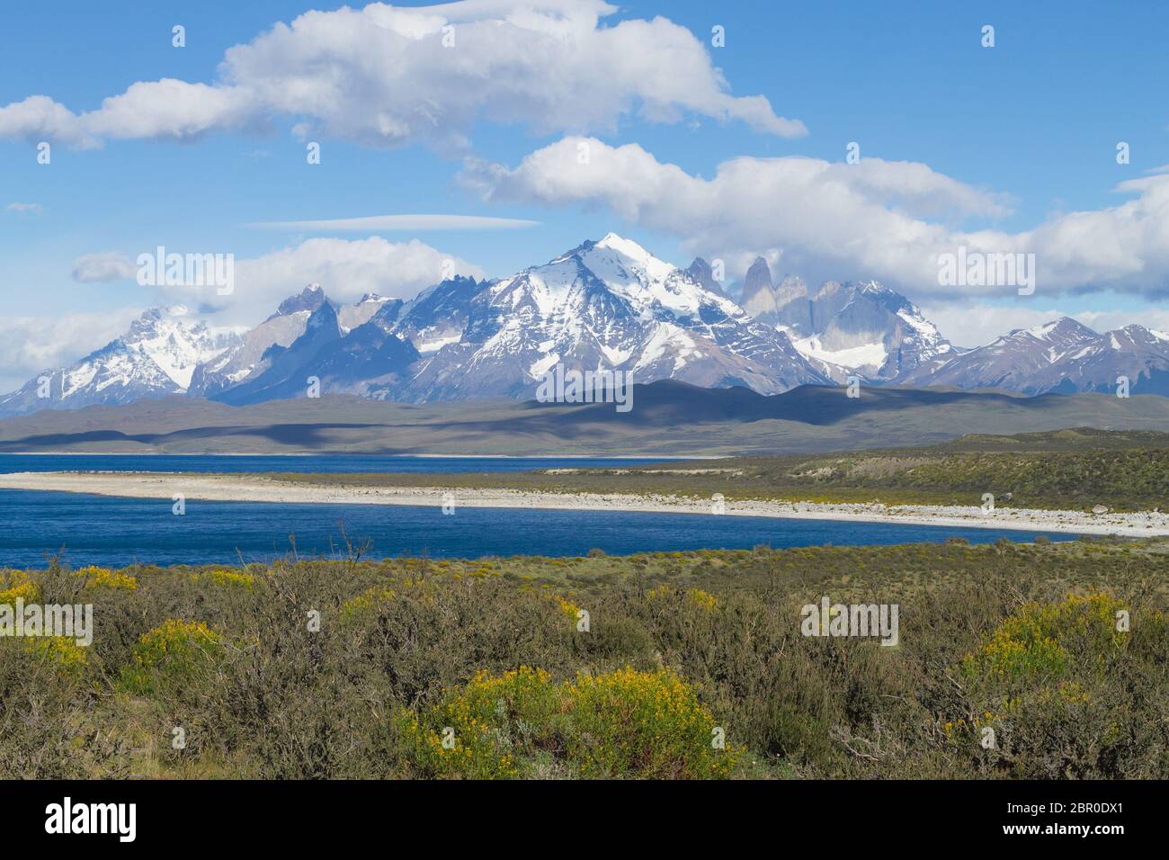 Sarmiento Seeblick, Torres del Paine Nationalpark, Chile. Chilenischen Patagonien Landschaft Stockfoto