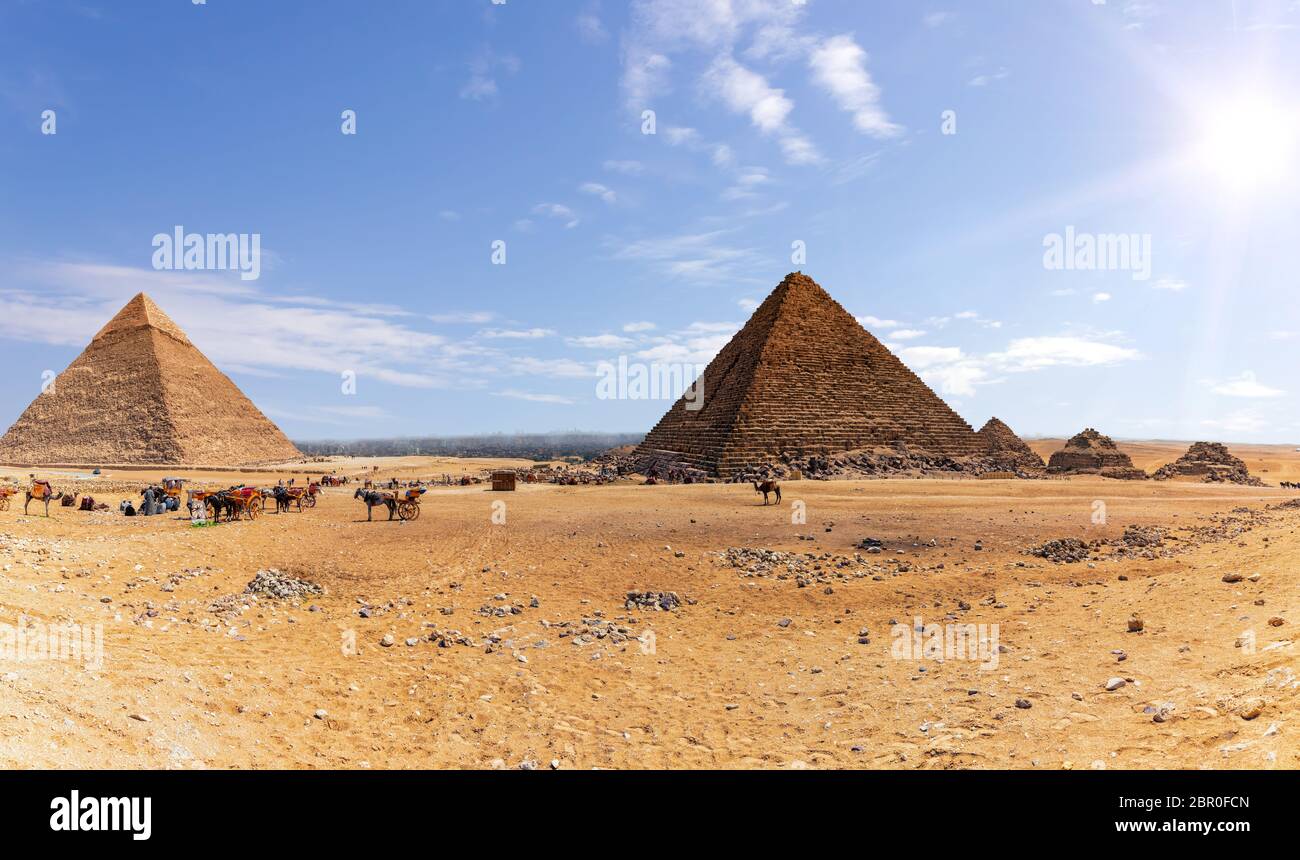 Pyramiden von Gizeh und das Lager der Beduinen und Kamelen, Ägypten. Stockfoto