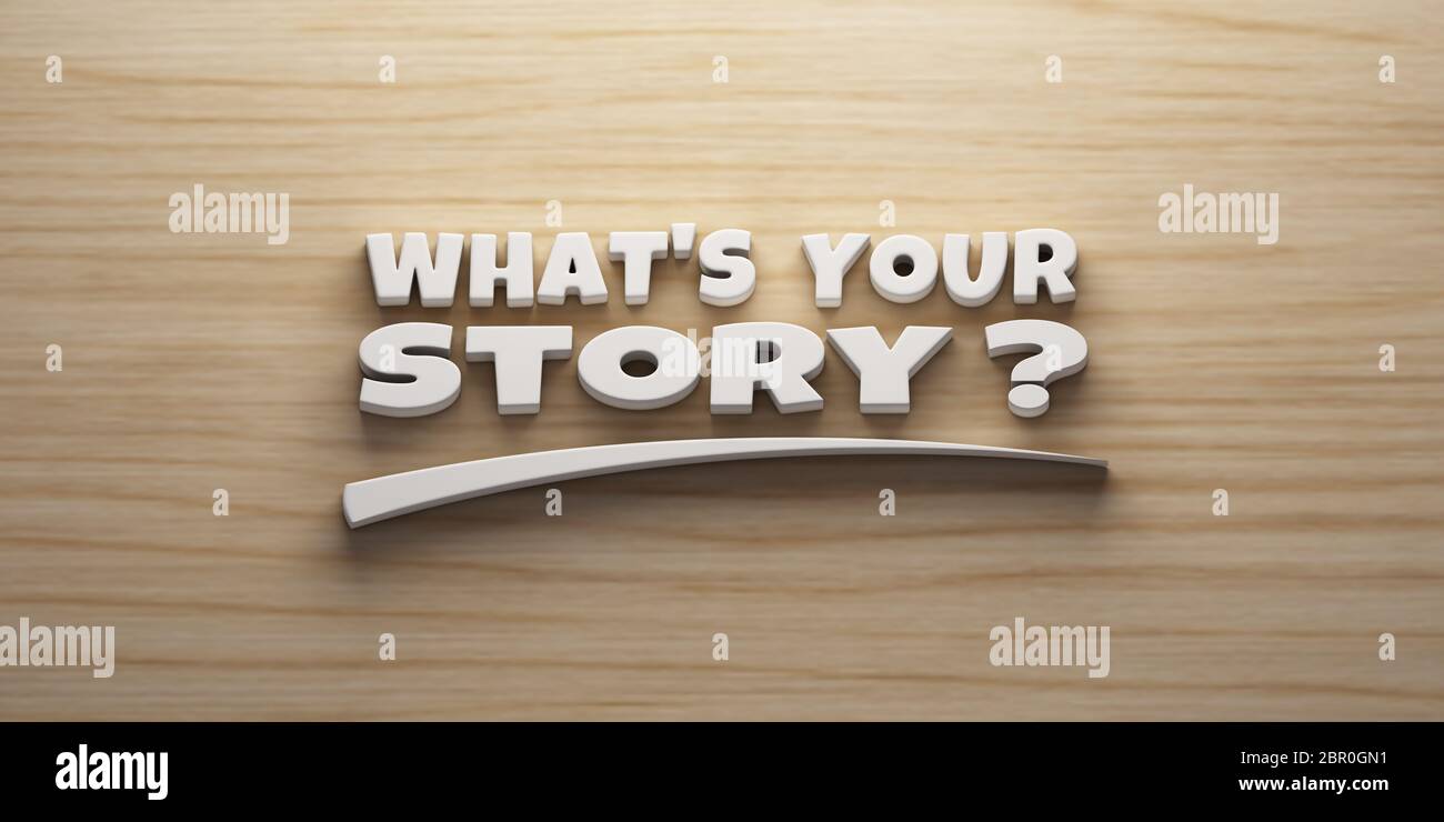 What's Your Story Banner Concept mit Markierung. 3D-Rendering-Abbildung Stockfoto
