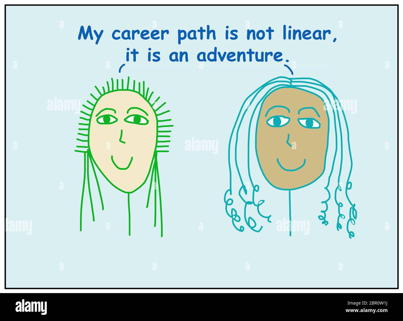 Farbe Cartoon von zwei lächelnden und ethnisch vielfältigen Business-Frauen, die sagen, dass ihre Karriere Weg ist nicht linear, es ist ein Abenteuer. Stockfoto