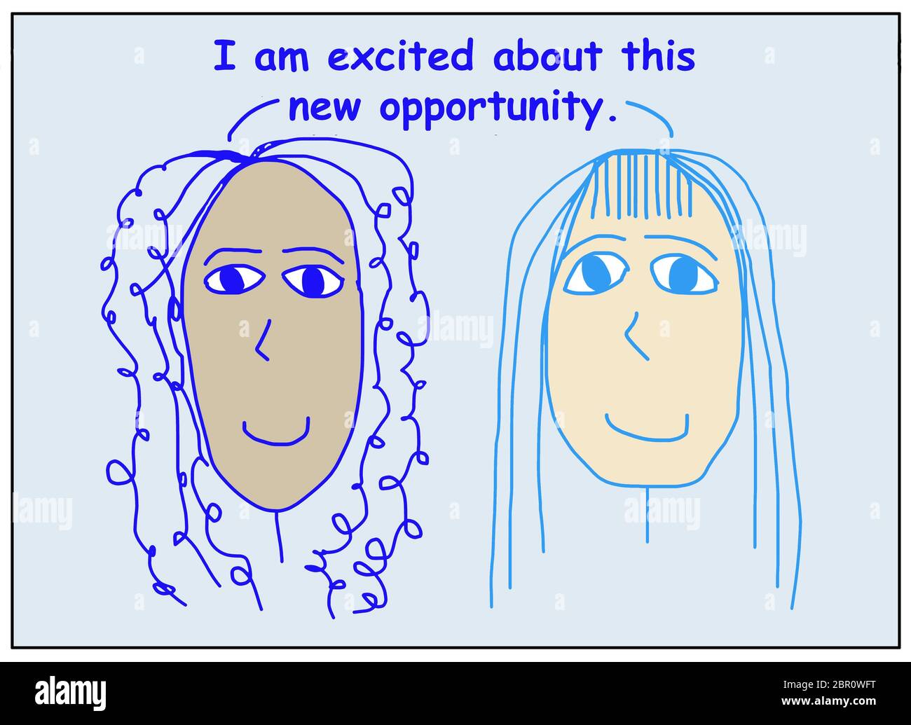 Farbe Cartoon zeigt zwei lächelnde, schöne und ethnisch verschiedene Frauen sagen, ich bin begeistert von dieser neuen Gelegenheit. Stockfoto