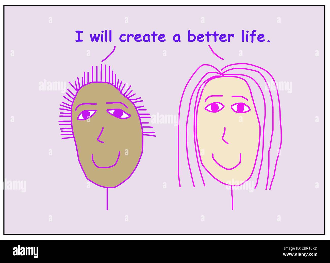 Farbe Cartoon von zwei lächelnden, schönen und ethnisch vielfältigen Frauen sagen, ich werde ein besseres Leben zu schaffen. Stockfoto