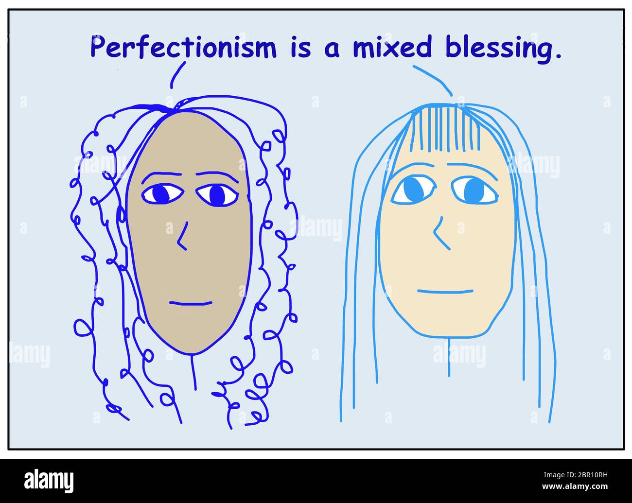 Farbzeichentrick von zwei ethnisch unterschiedlichen Frauen besagt, dass Perfektionismus ist ein gemischter Segen. Stockfoto