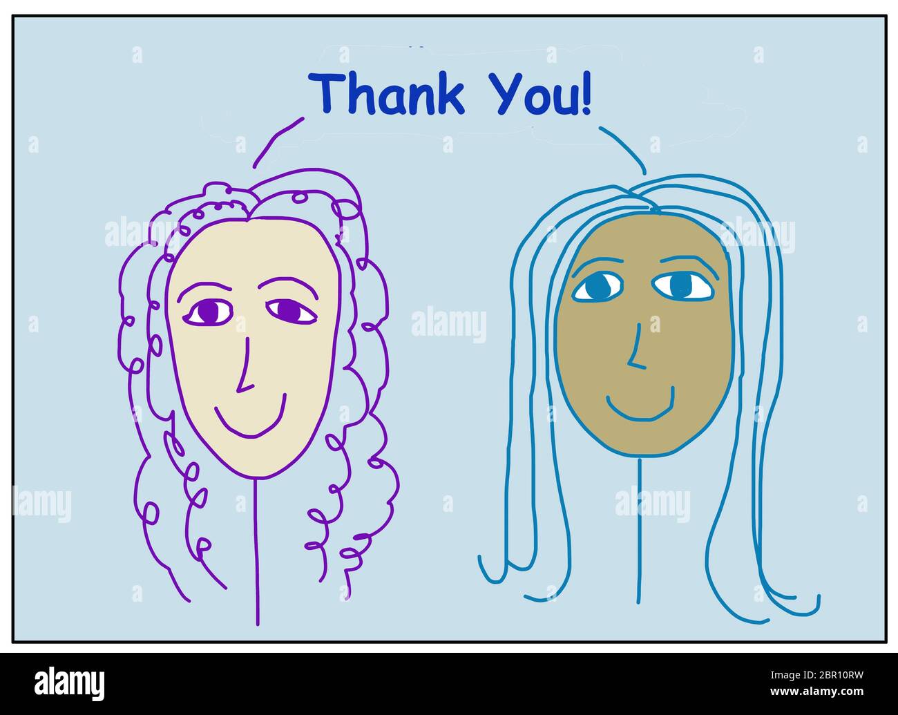Farbe Cartoon von zwei Sming, schöne und ethnisch verschiedene Frauen sagen Danke! Stockfoto
