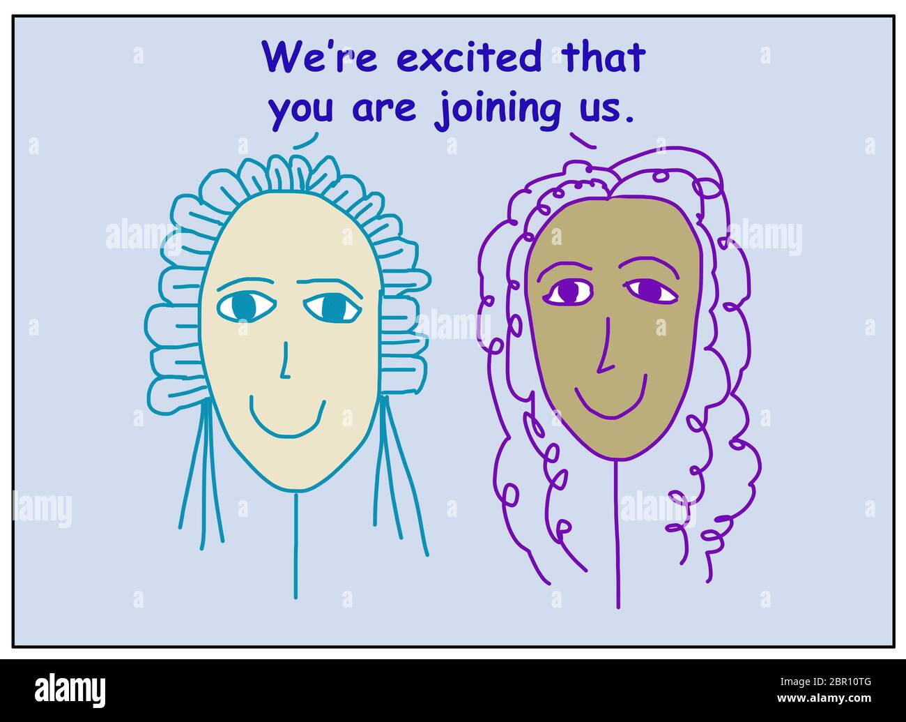 Color Cartoon von zwei lächelnden und ethnisch unterschiedlichen Frauen sagen, wir sind begeistert, dass Sie uns beitreten. Stockfoto