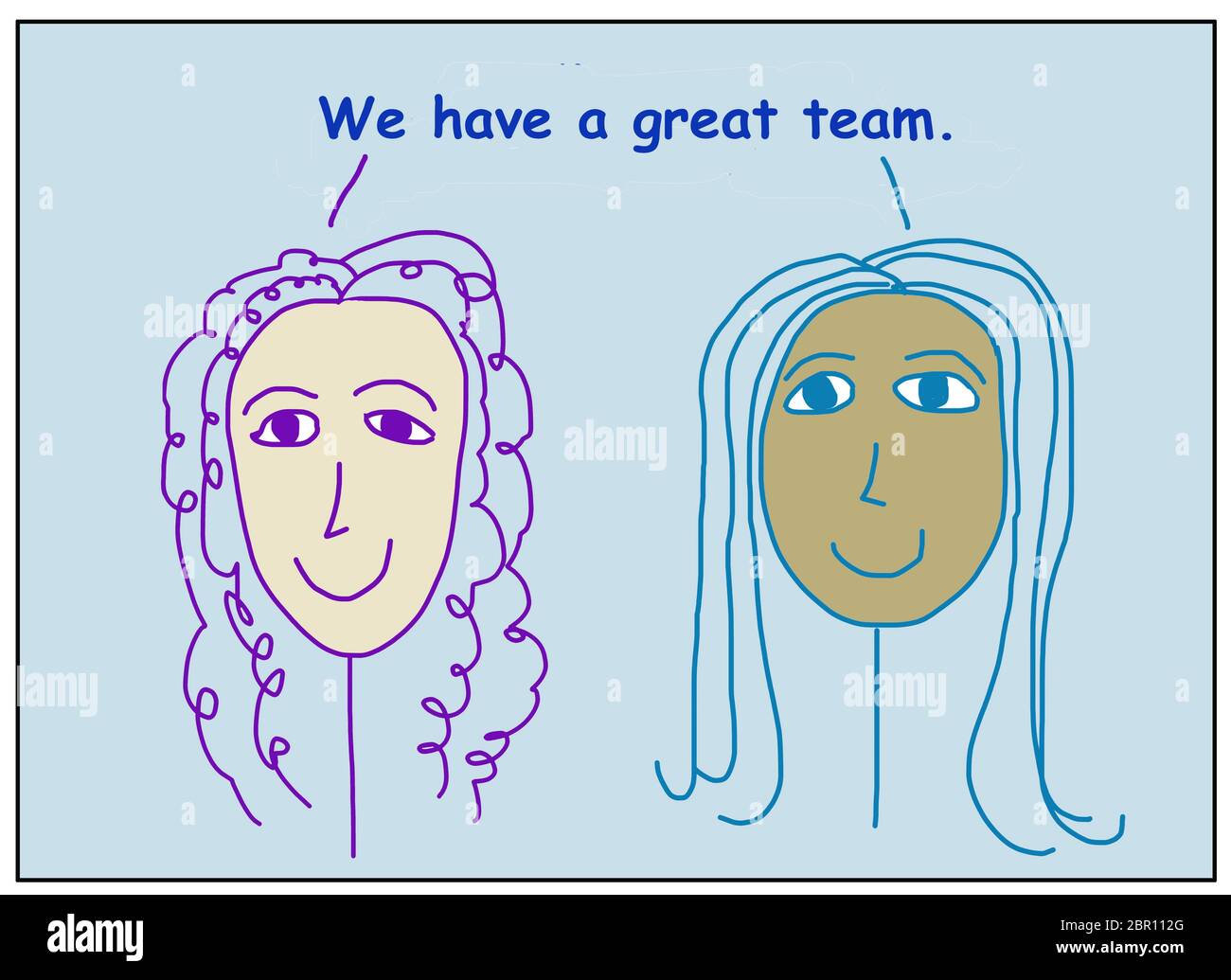Farbe Cartoon von zwei lächelnden, schönen und ethnisch vielfältigen Frauen besagt, dass wir ein tolles Team haben. Stockfoto