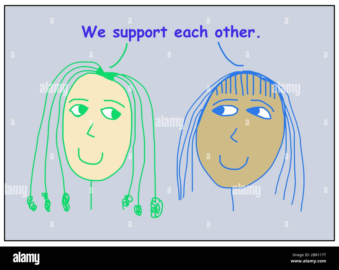 Farbe Cartoon von zwei lächelnden, schöne, ethnisch verschiedene Frauen sagen, sie unterstützen einander. Stockfoto