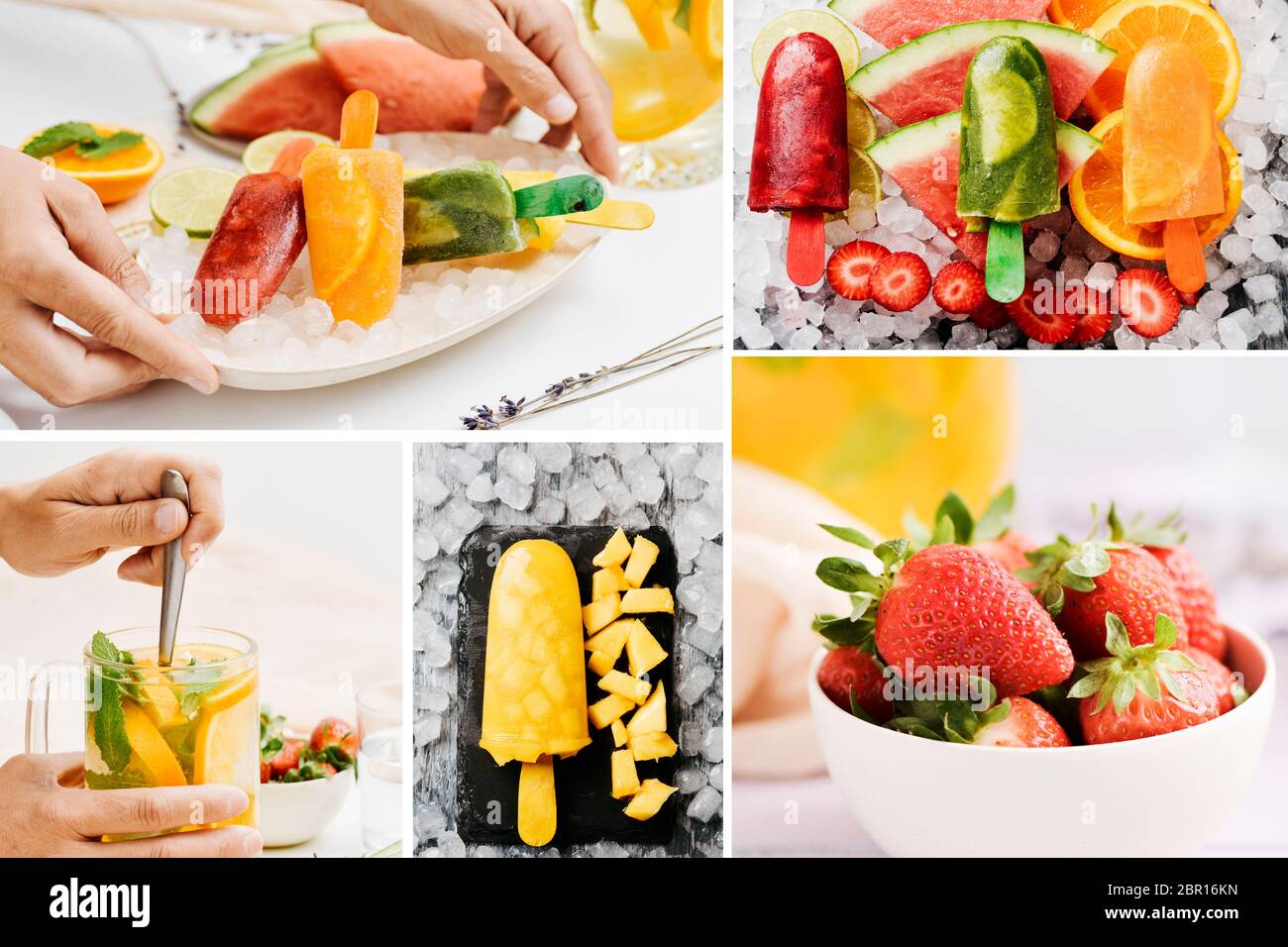 Eine Collage aus einigen Bildern von Obst und verschiedenen hausgemachten natürlichen Eis Pops mit natürlichen Fruchtsäften und Stück Obst gemacht Stockfoto