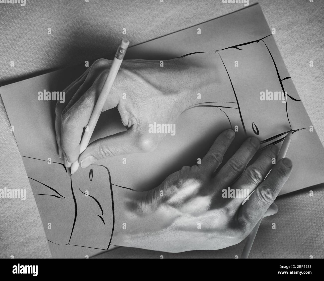 Hände zeichnen. Zwei Hände zeichnen sich mit einem Bleistift auf ein Blatt. Fotografie und Illustration. 3d-Effekt. Stockfoto