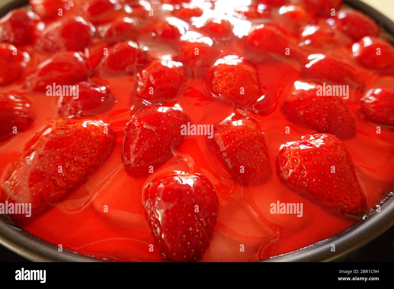 Erdbeerkuchen in einer schwarzen Frühlingsform - Nahaufnahme von Gelee-Fruchtaufständern, Detailansicht eines leckeren frischen, hausgemachten cac mit vielen roten Erdbeeren Stockfoto