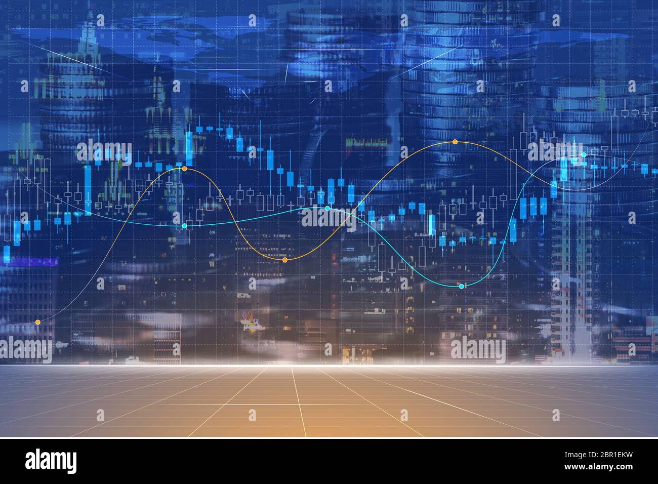 Finanzinvestitionskonzept, Doppelbelichtung der Stadt Nacht und Stapel von Münzen für Finanzinvestor, Wirtschaft, Business Hintergrund. Stockfoto