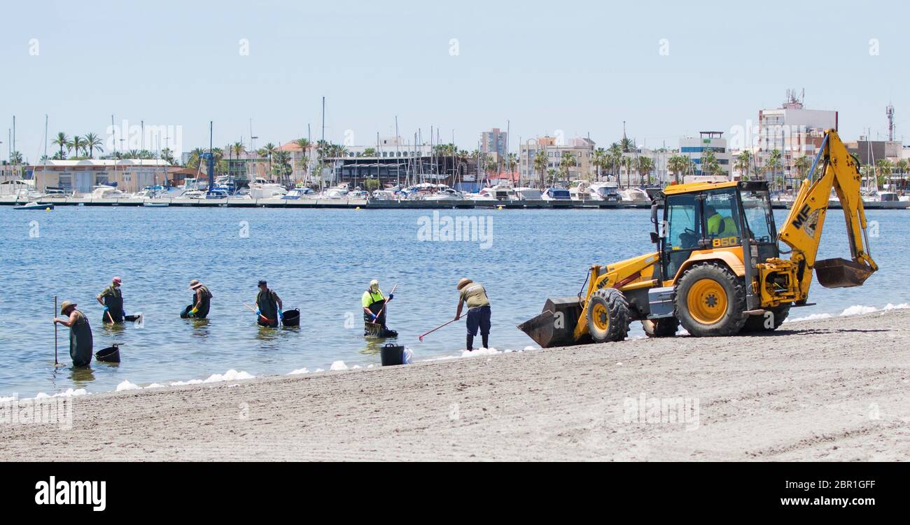 Lopagan, Murcia, Spanien, 20. Mai 2020: Senioren reinigen die Mar Menor, die größte Salzwasserlagune Europas im Süden von Sp Stockfoto