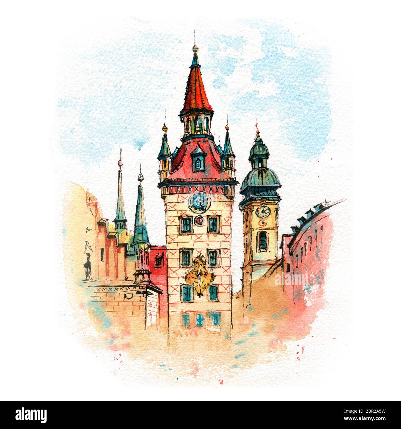 Aquarellskizze des Alten Rathauses auf dem zentralen Marienplatz in München, Bayern, Deutschland Stockfoto