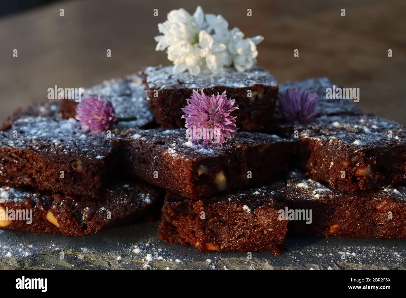 Ein Haufen von hausgemachten Schokoladenbrownies, die mit einer weißen Fliederblume und lila Schnittblumen geschmückt sind. Bedeckt mit Puderzucker Stockfoto