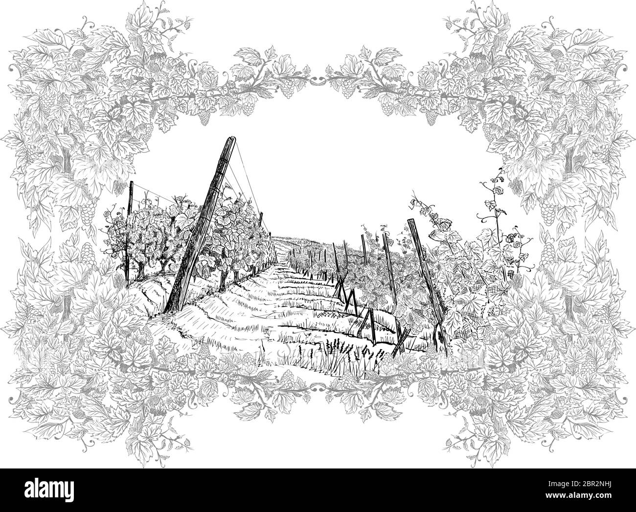 Landschaft mit Weinberg rund um den dekorativen Rahmen von Trauben und Reben. Vektor-Illustration von Hand gezeichnet in Skizzenstil isoliert auf weiß. Stock Vektor