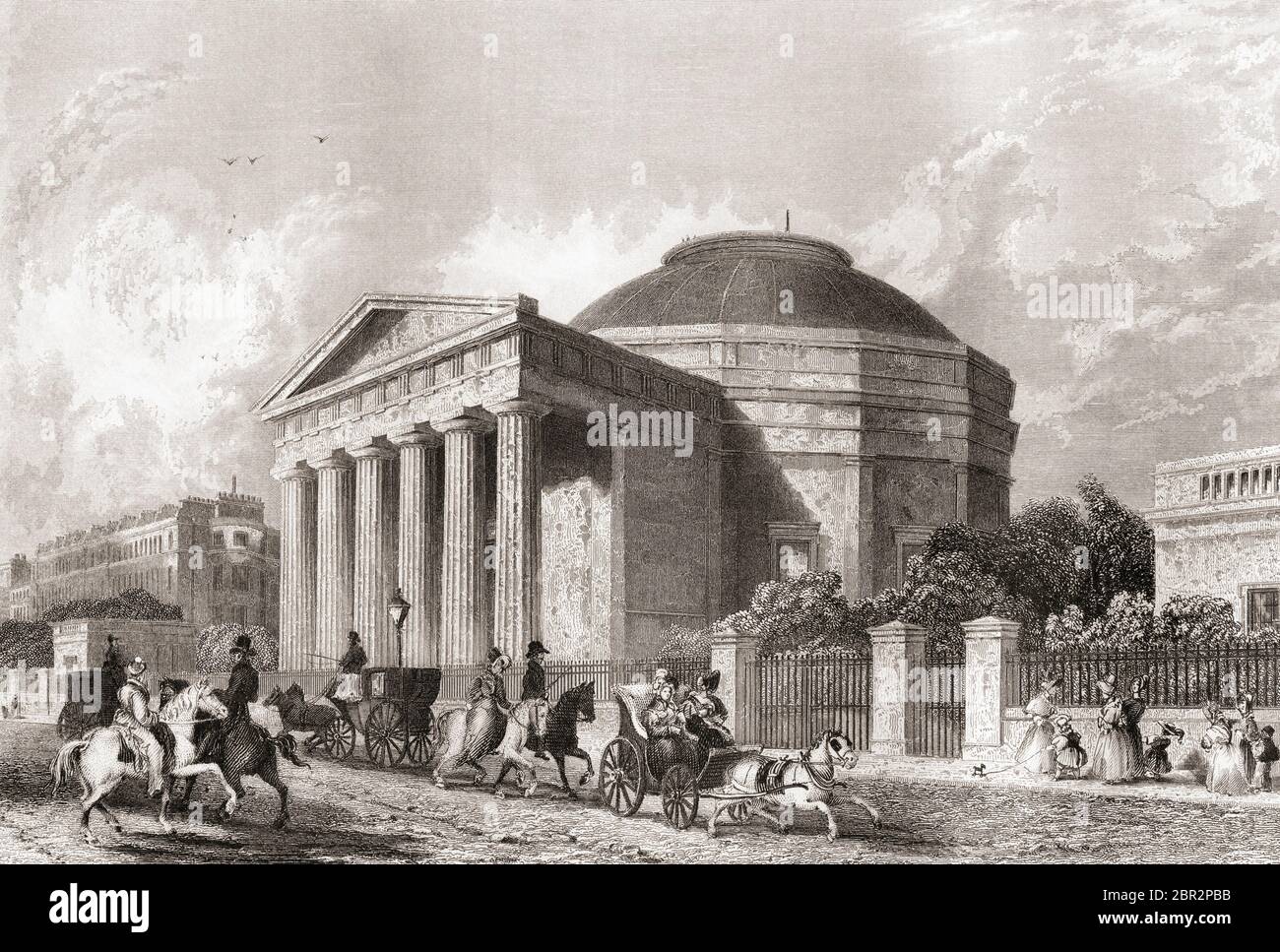 Das Kolosseum, Regent's Park, London, England, 19. Jahrhundert. Erbaut, um Thomas Hornor's 'Panoramic view of London', das größte Gemälde, das je geschaffen wurde, auszustellen, wurde es 1874 abgerissen. Aus der Geschichte Londons: Illustriert durch Ansichten in London und Westminster, erschienen um 1838. Stockfoto