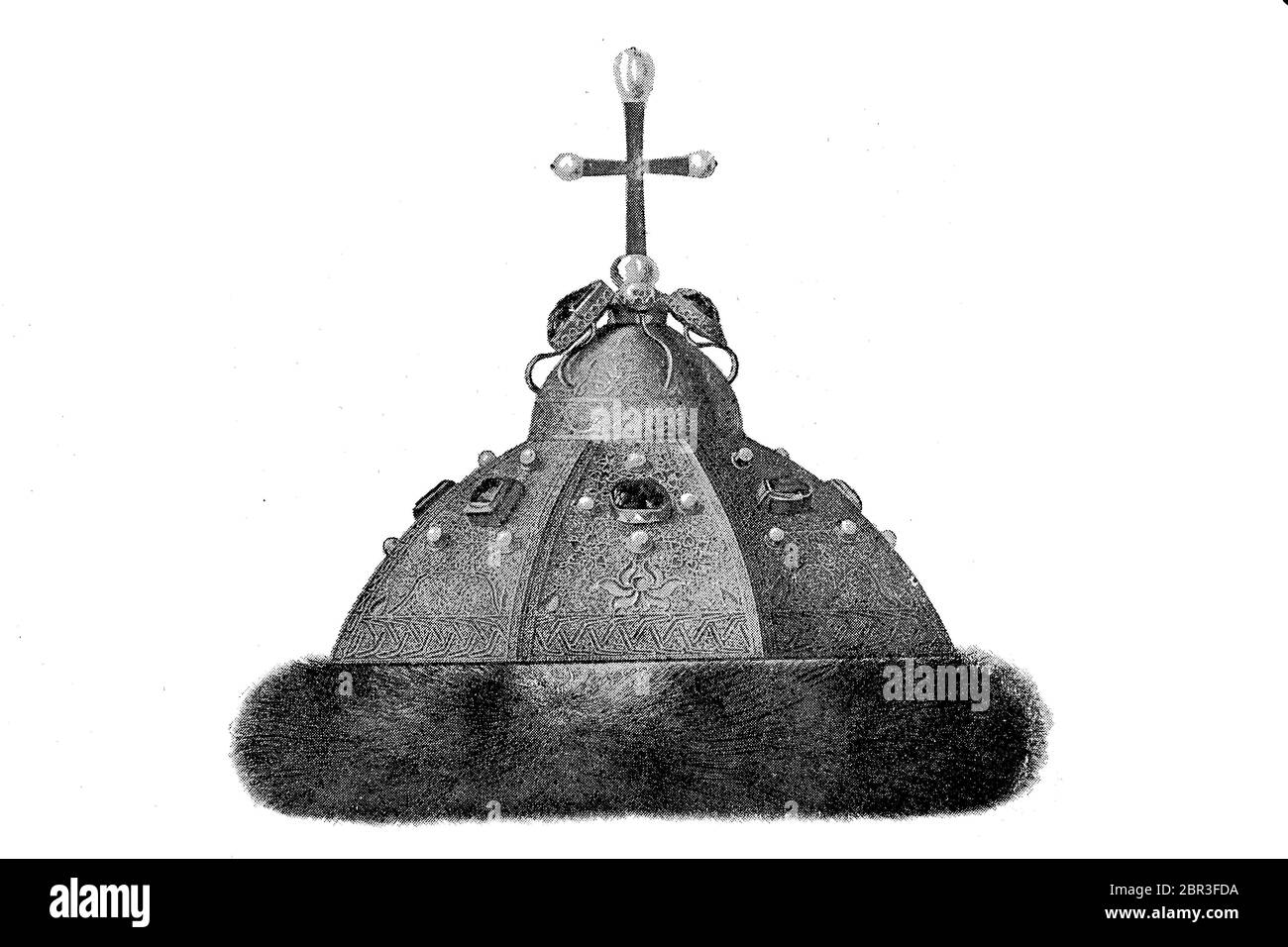 . Die Krone von Wladimir Monomach, Wladimir II. Wsevolodowitsch, genannt Monomach, 1053 - 19. Mai 1125, Fürst von Smolensk, Perejaslav, Tschernigow und 1113-1125 Großfürst von Kiew / die Krone von Wladimir Monomachs, Wladimir II. Wsewolodowitsch, genannt Monomach, 1053 - 19. Mai 1125, Fürst von Smolensk, Perejaslaw, Tschernigow und von 1113 bis 1125 Großfürst von Kiew, historisch, historisch, digital verbesserte Reproduktion eines Originals aus dem 19. Jahrhundert / digitale Reproduktion einer Originalvorlage aus dem 19. Jahrhundert, Stockfoto