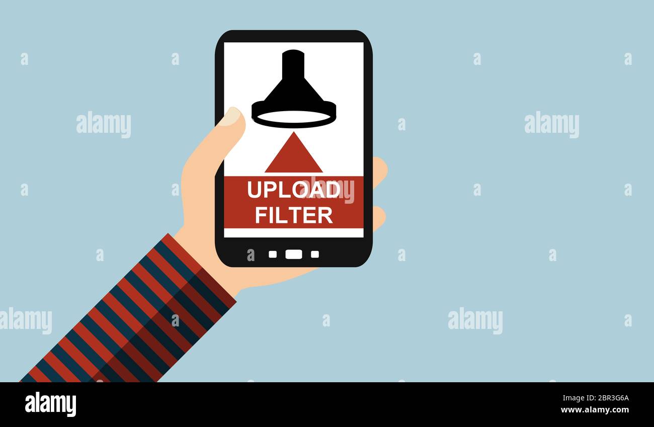 Hand halten Smartphone: Upload Filter - Flat Design Stockfoto