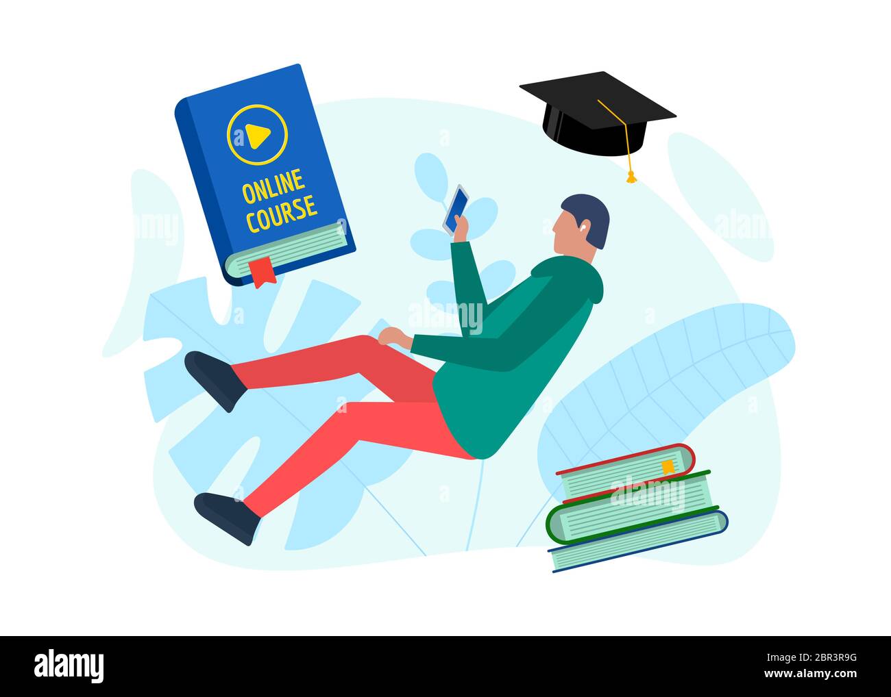 Online-Ausbildung Kurs Design Konzept. Remote E-Learning-Schüler Teenager männlich mit Smartphone und spielen Video-Zeichen auf Cover-Buch. Fernstudium und Internet-Lehre Wissen flach eps Vorlage Stock Vektor