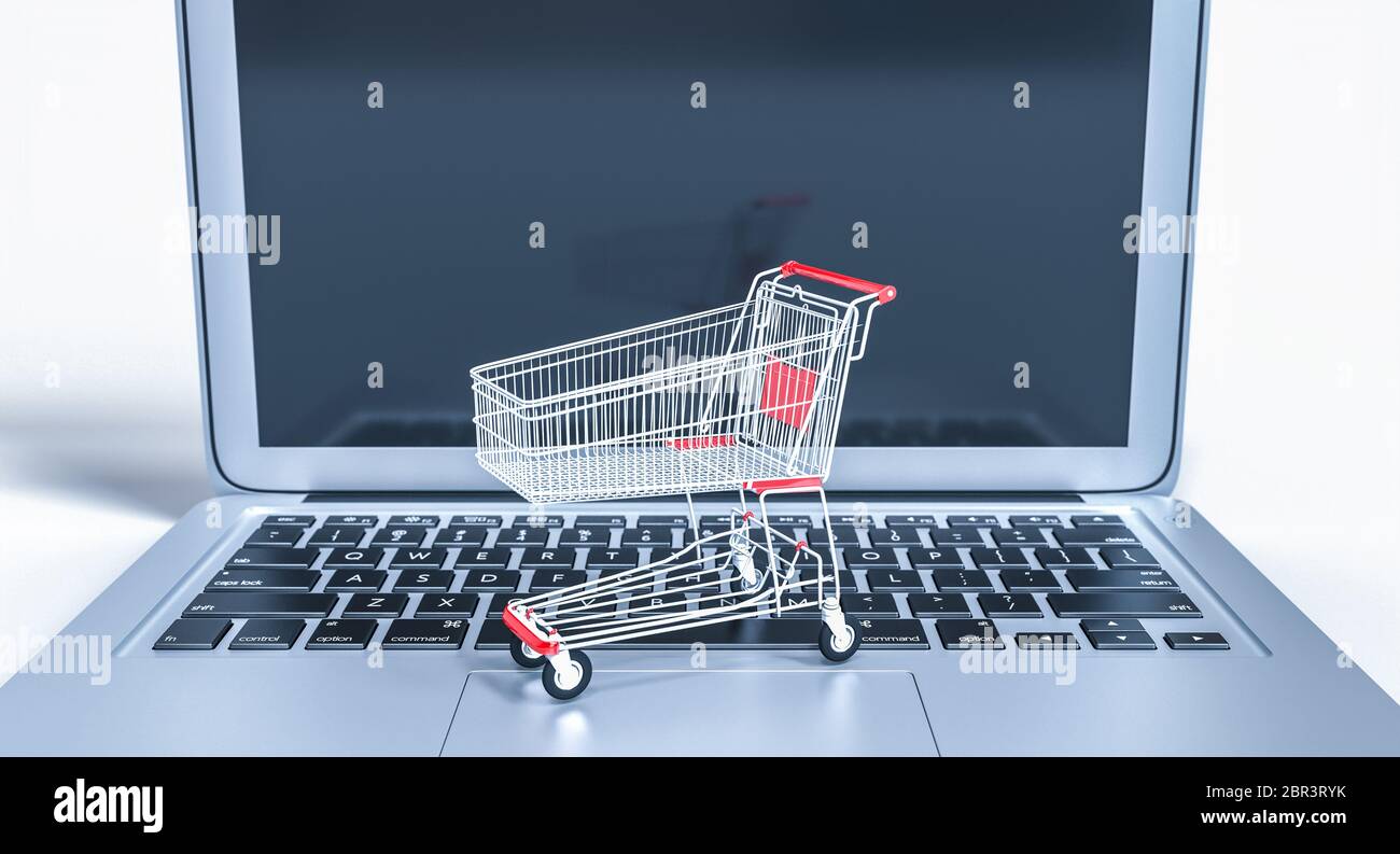 Leeren Sie den Warenkorb über eine Tastatur eines Laptops. E-Commerce-Konzept, Online-Shopping. 3d-Rendern. Stockfoto