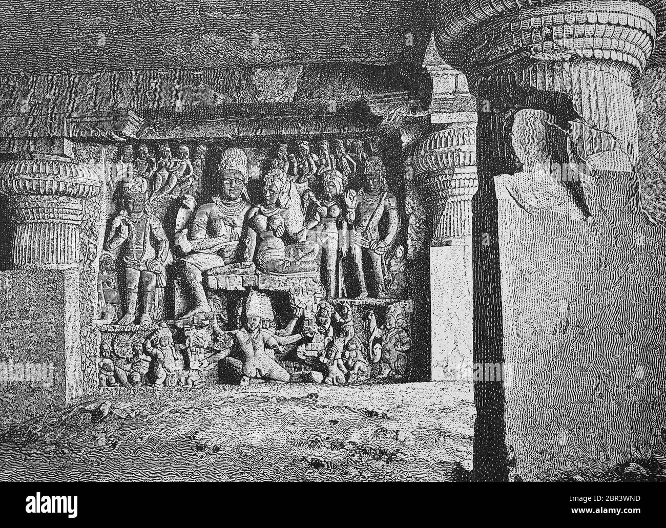 Die Ellora Höhlen im Zustand von Maharastra sind - neben denen von Ajanta - die meistbesuchten Attraktionen von Indien. Seit 1983 zählt der Komplex aus 34 Höhlentempeln, die von der UNESCO zum Weltkulturerbe erklärt wurden [ / die Ellora-Höhlen im Bundesstaat Maharastra gehört – neben denen von Ajanta – zu den meistbesuchten Sehenswürdigkeiten Indiens. Seit dem Jahr 1983 zählt der Komplex aus 34 buddhistischen, industriellen und jainistischen Höhlentempeln zum UNESCO-Weltkulturerbe[, historisch, historisch, digital verbesserte Reproduktion eines Originals aus dem 19. Jahrhundert / digitale Reprodu Stockfoto
