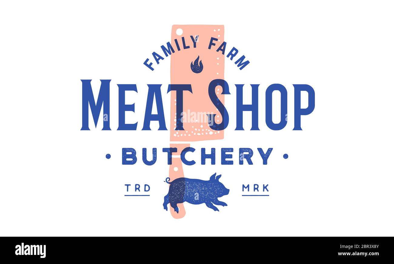 Etikett des Fleischladens. Label-Logo mit Grill Metzger Kochmesser Stock Vektor