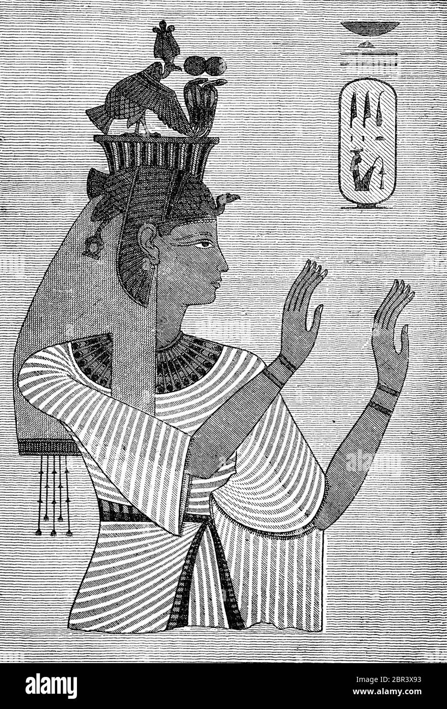 Tiye, V 1398. V. 1338 - Chr. Chr., war die große königliche Frau und de facto Mitherrscher des ägyptischen pharao Amenhotep III, Ägypten / Teje, 1398 v. Chr. - 1338 v. Chr., war die große königliche Gemahlin und de facto Mitregentin des ägyptischen Pharaos Amenophis III, Ägypten, historisch, historisch, digital verbesserte Reproduktion eines Originals aus dem 19. Jahrhundert / digitale Reproduktion einer Originalvorlage aus dem 19. Jahrhundert, Stockfoto
