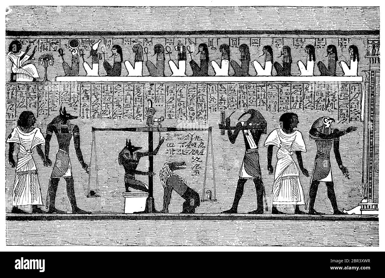 Urteil der Toten und die Waage der Gerechtigkeit, Vignette des ägyptischen Totenbuchs, Ägypten / Totengericht und die Waage der Gerechtigkeit, Vignette des ägyptischen Totenbuches, Ägypten, historisch, historisch, digital verbesserte Reproduktion eines Originals aus dem 19. Jahrhundert / digitale Reproduktion einer Originalvorlage aus dem 19. Jahrhundert, Stockfoto