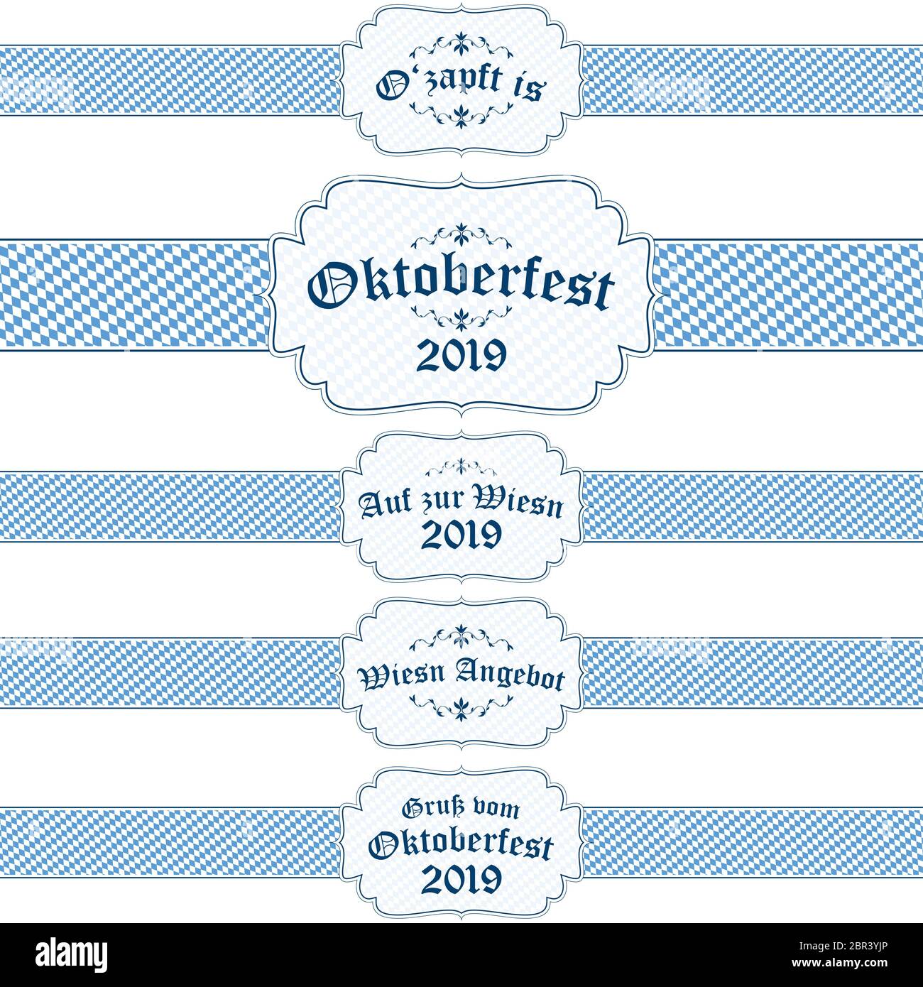Fünf verschiedene blaue und weiße Oktoberfest 2019 Banner mit Text Stockfoto Fünf verschiedene blaue und weiße Oktoberfest 2019 Banner mit Text Stockfoto