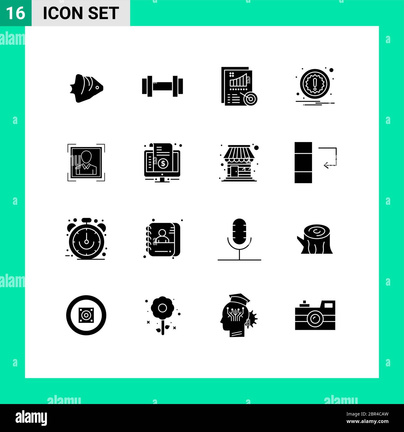 Paket mit 16 kreativen Solid Glyphen von Profilbild, Benutzer-id, Metriken, Benutzer, Aufmerksamkeit editierbare Vektor-Design-Elemente Stock Vektor
