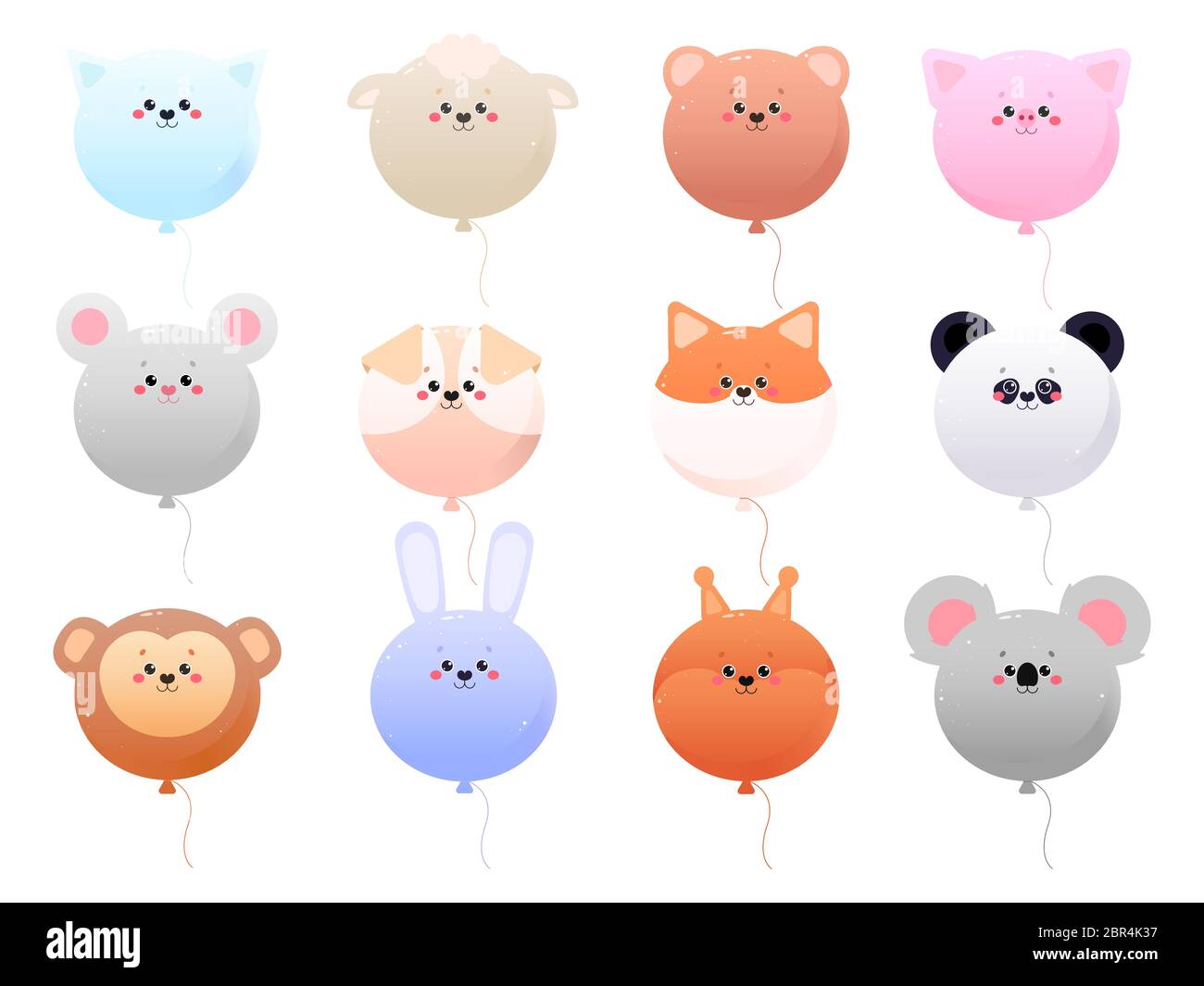 Ballon Cute Kawaii Tiere isoliert auf einem weißen Hintergrund. Vektorgrafik Stock Vektor