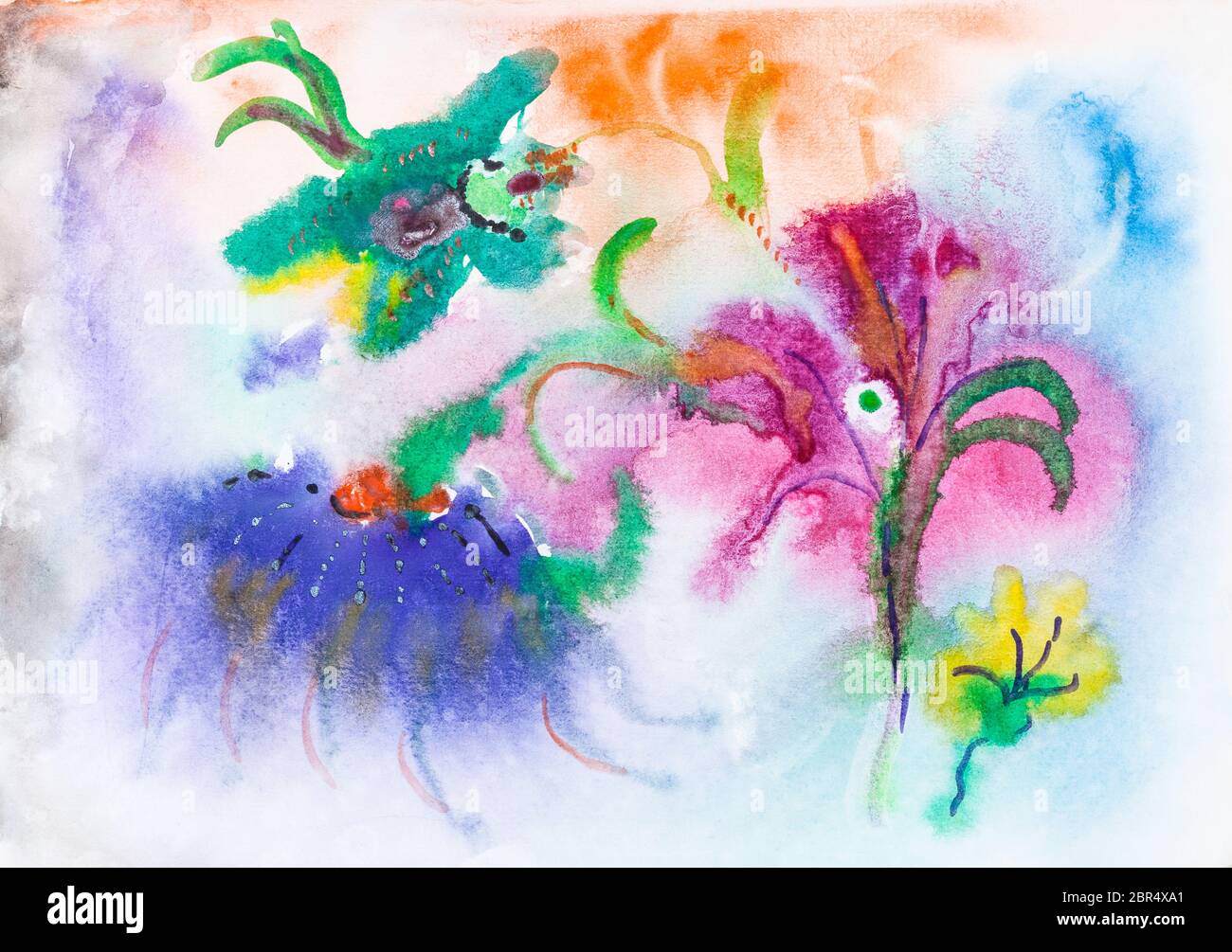 Abstrakte bunte Blumen auf der Wiese handbemalt durch Aquarelle auf weißem Papier Stockfoto
