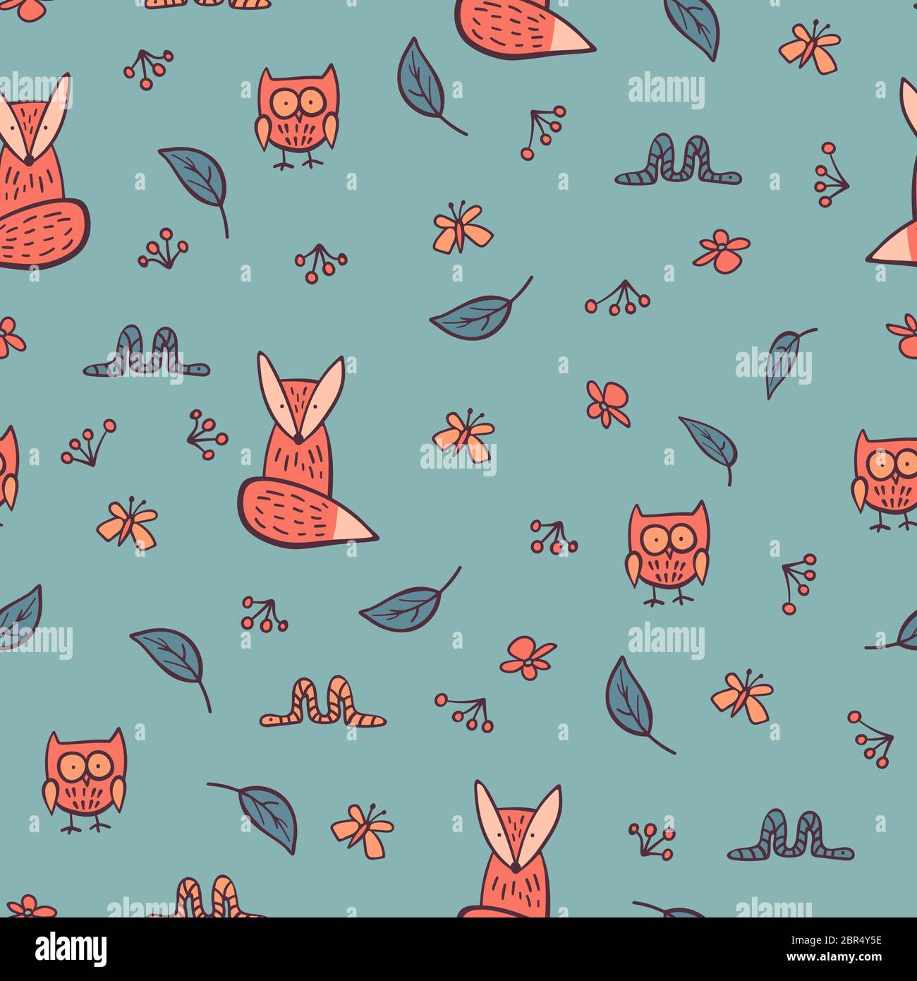 Waldtiere nahtlose Muster. Niedliche handgezeichnete Zeichen auf grünem Hintergrund. Vektorgrafik. Stock Vektor