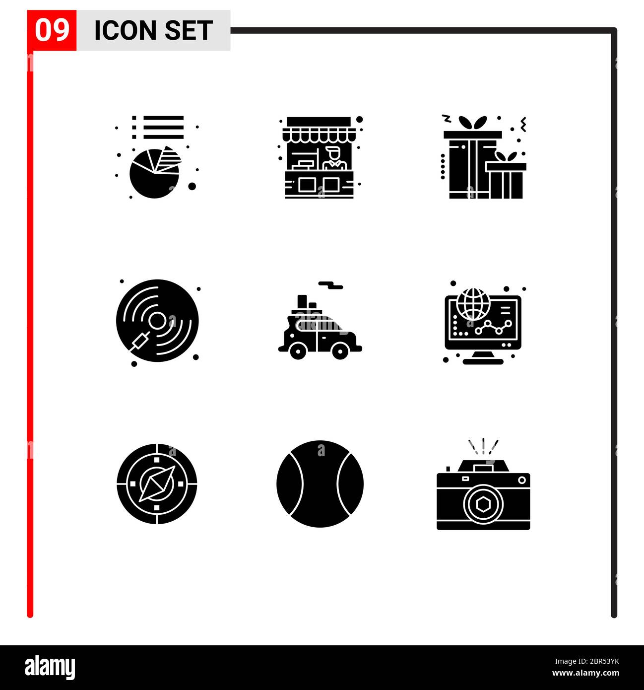 9 Thematischer Vektor Solid Glyphen und editierbare Symbole für Transport, Auto, Present, Play, Musik editierbare Vektor Design-Elemente Stock Vektor
