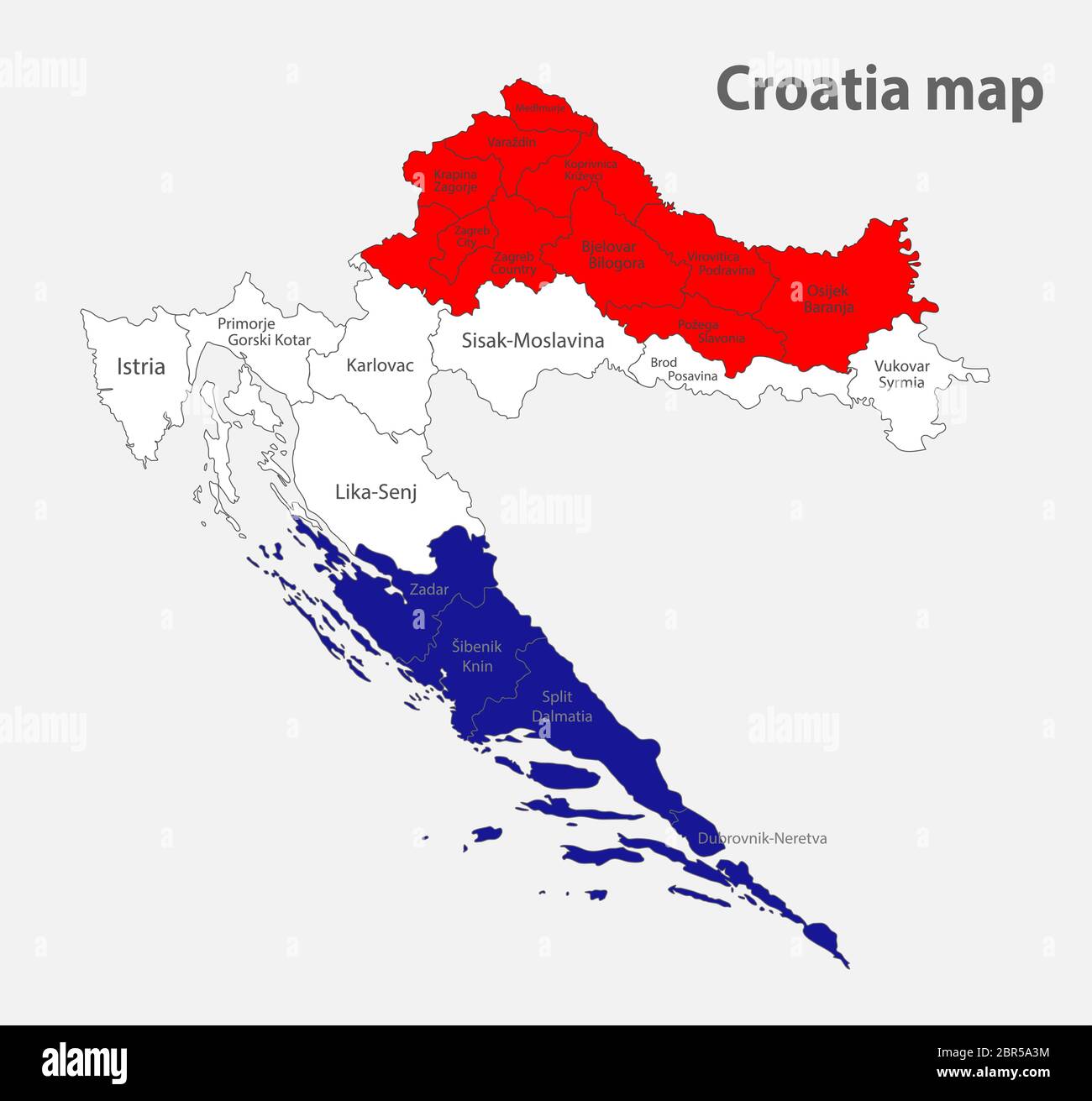 Karte des Kroatien in den Farben der Flagge mit administrativen Divisionen Vektor Stock Vektor