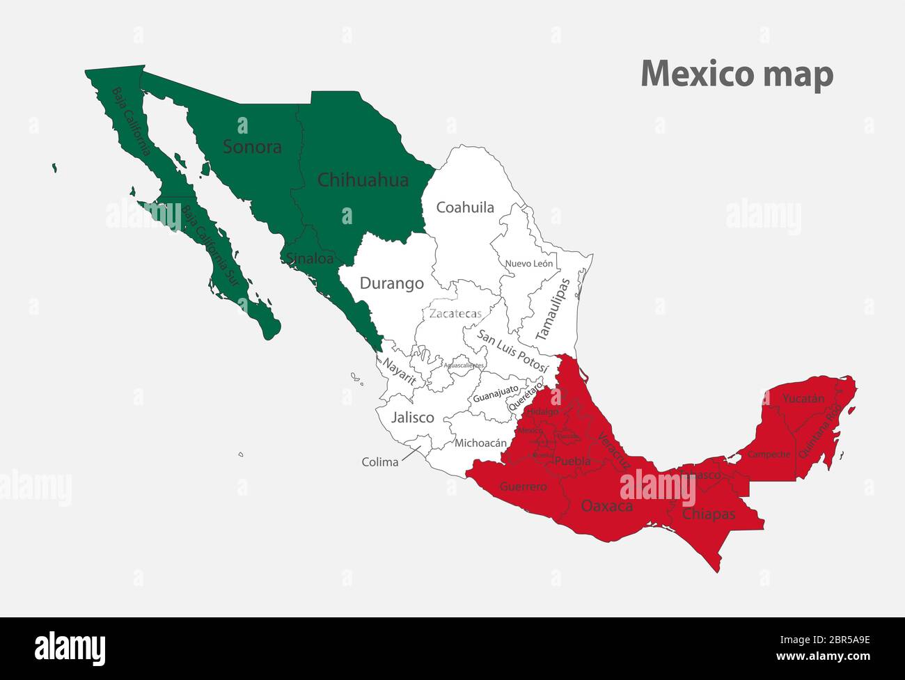 Karte des Mexiko in den Farben der Flagge mit administrativen Divisionen Vektor Stock Vektor