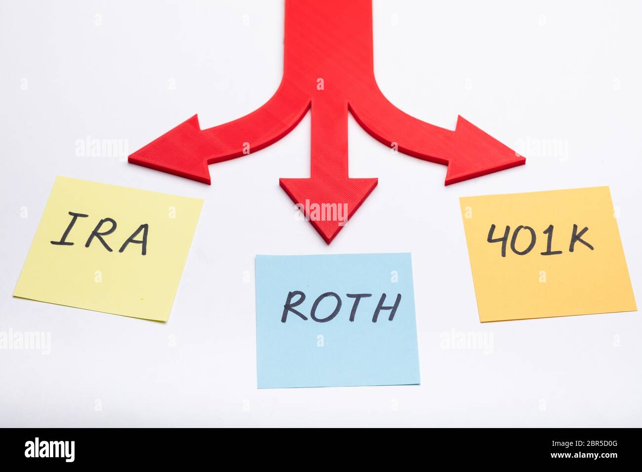 Richtungspfeil mit Text von 401 k, Roth und Ira Stockfoto Richtungspfeil mit Text von 401 k, Roth und Ira Stockfoto