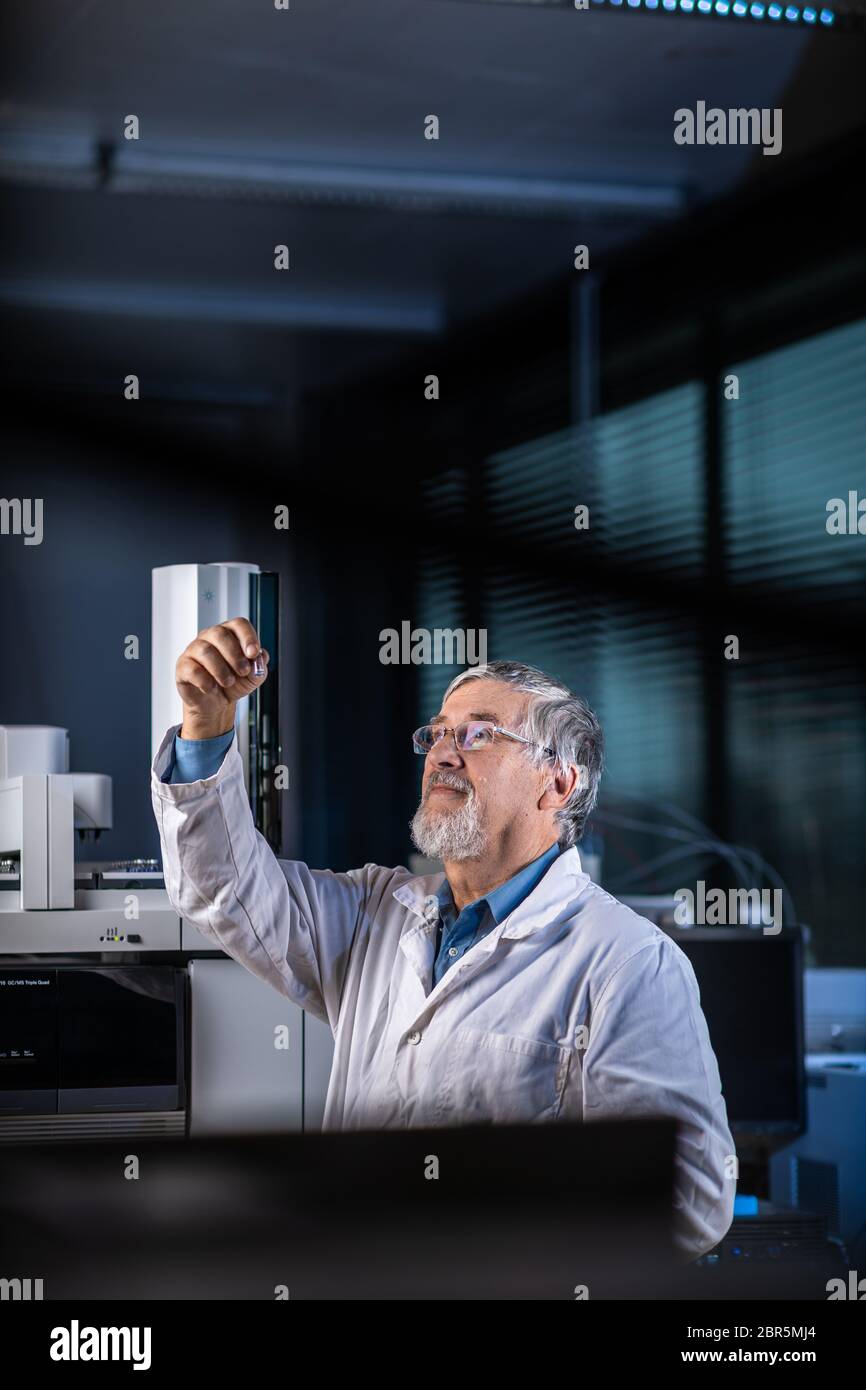 Leitender Wissenschaftler in einem Chemielabor Forschungsarbeiten - mit Blick auf die gaschromatographie Proben, die Vorbereitung der Analyse auf eine moderne Gas chromatograp Stockfoto