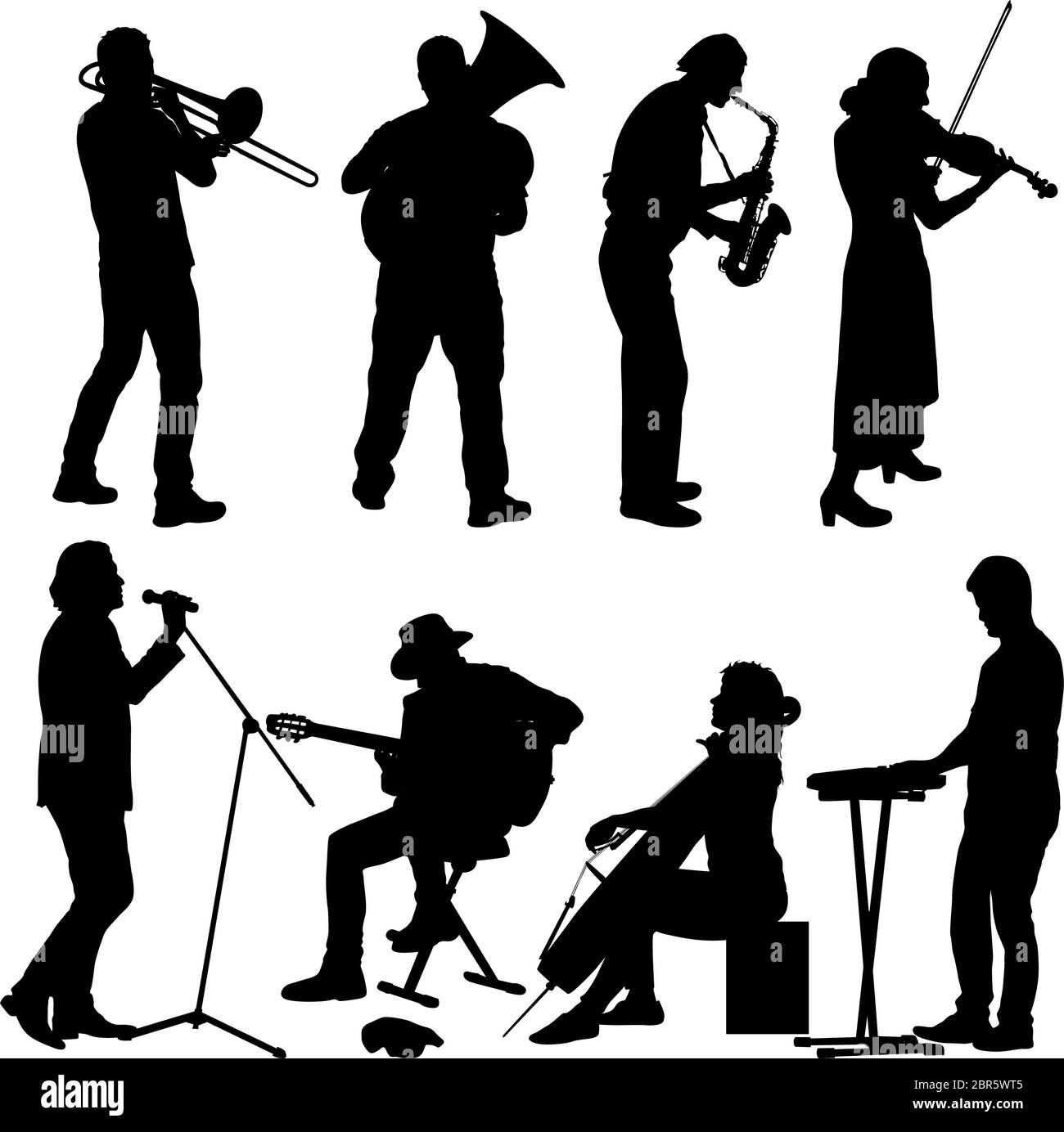Silhouetten Straßenmusikanten spielen Instrumente auf einem weißen Hintergrund. Stock Vektor