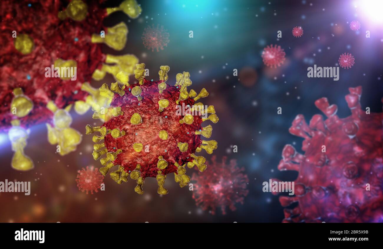 3D-Rendering von Viren auf blauem und rotem Hintergrund. Coronavirus COVID-19 Mikroskopische Virus Corona Virus Krankheit 3d-Abbildung. Stockfoto