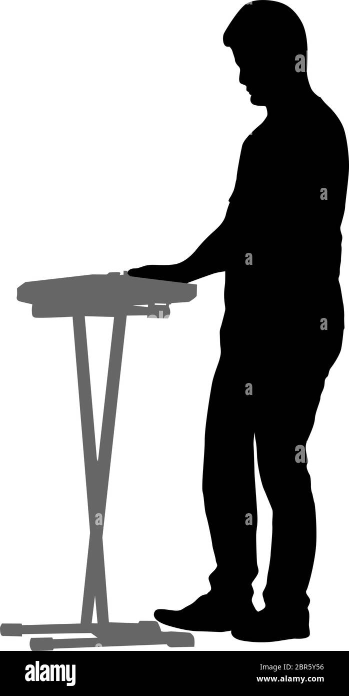 Silhouette Musiker spielt den Synthesizer auf weißem Hintergrund. Stock Vektor