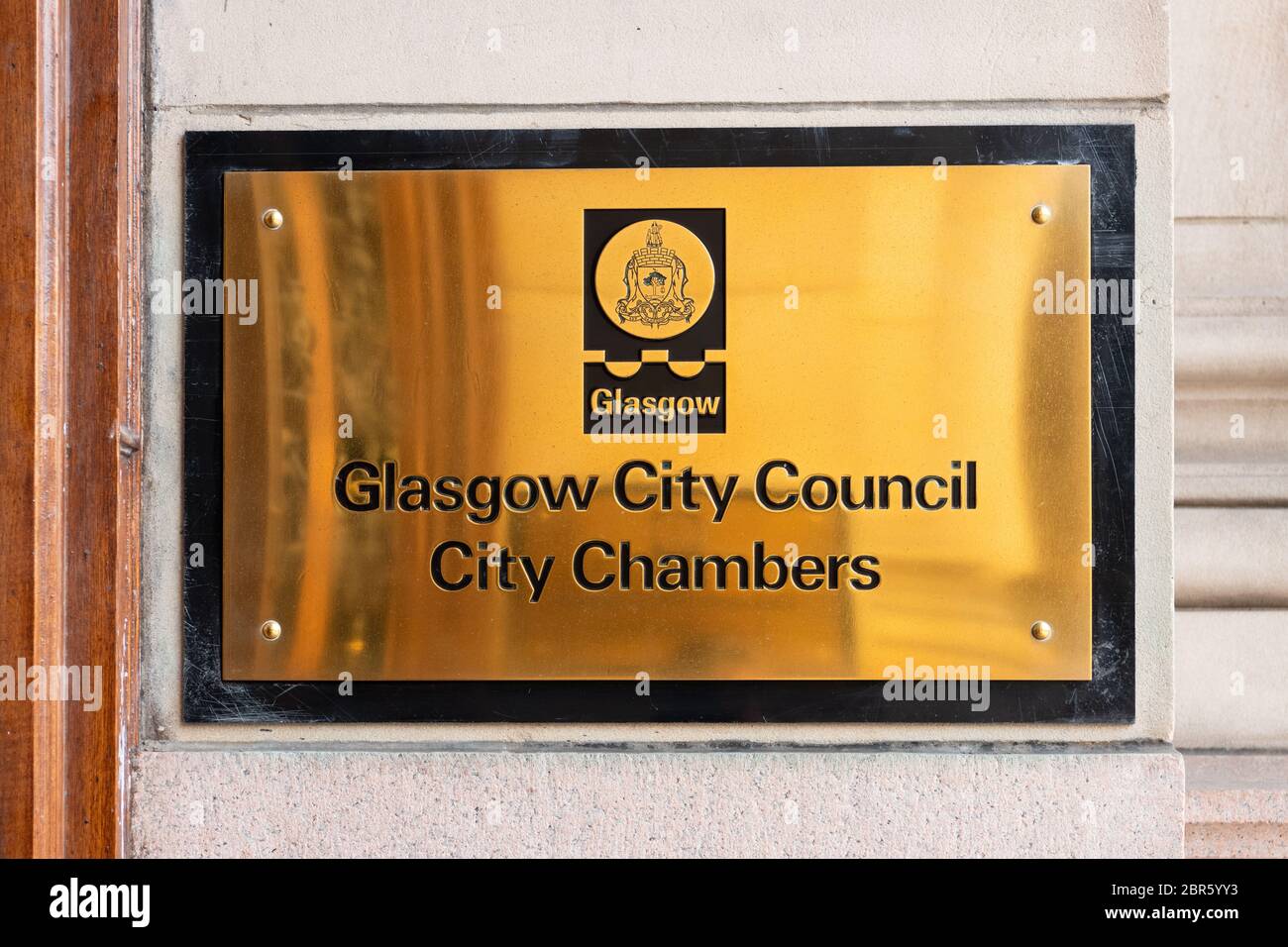 Glasgower Stadtrat Stadt Chambers Zeichen - George Square, Glasgow, Schottland, Großbritannien Stockfoto