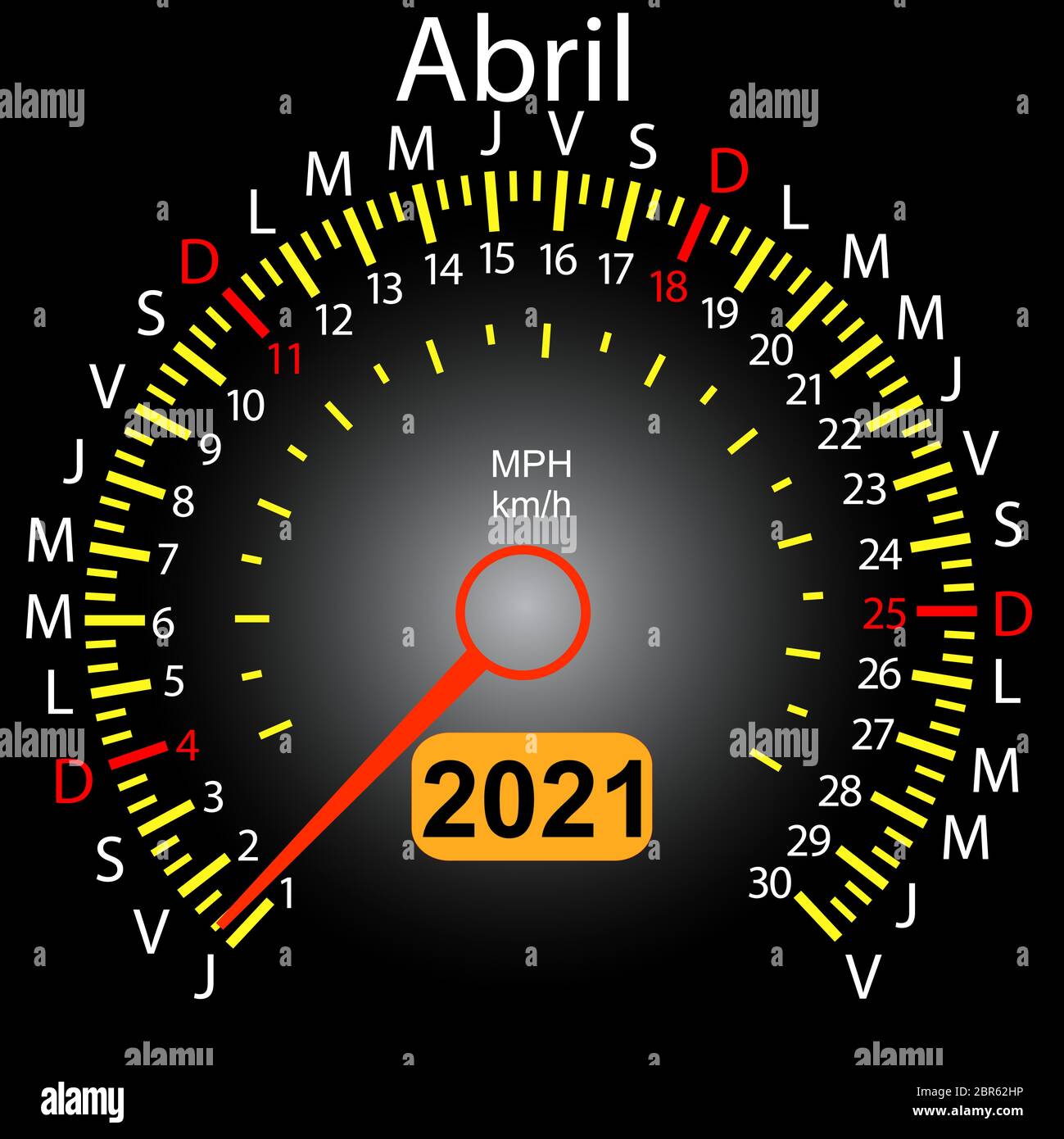 2021-Jahres-Kalender Tacho Auto in Spanisch April. Stock Vektor