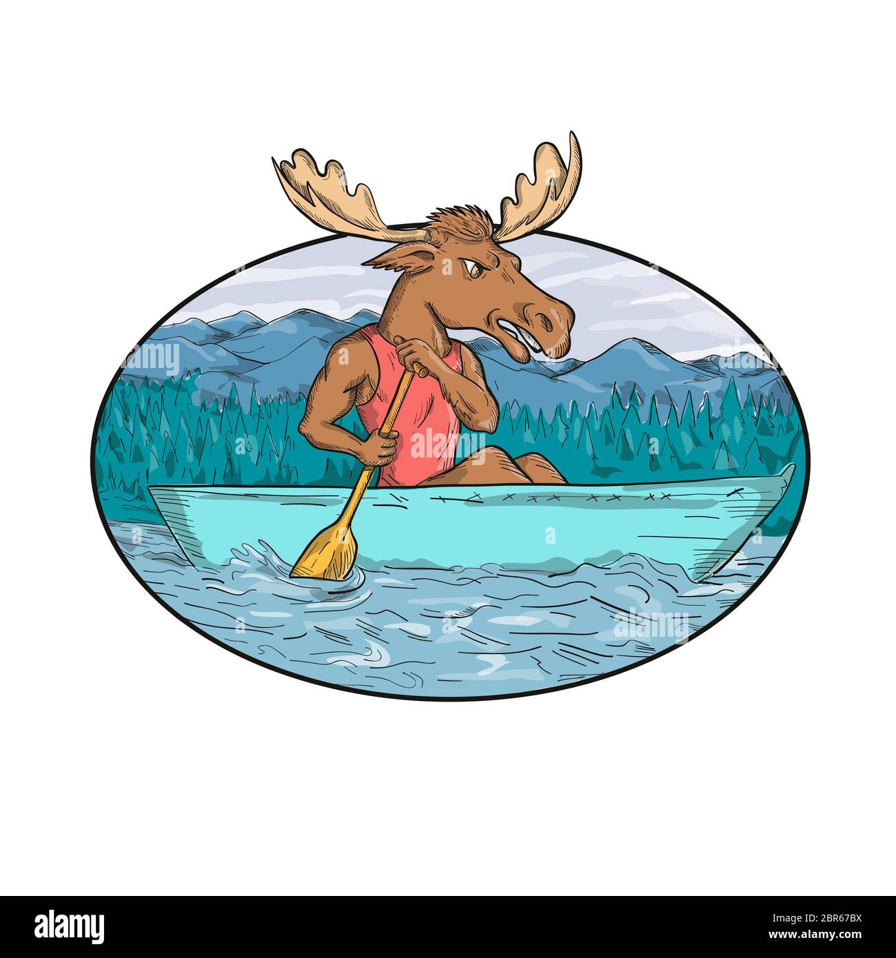 Cartoon Stil handgezeichnete Zeichnung Abbildung: ein Elch mit Paddel Paddeln ein Kanadier Kanu in Fluss oder See mit Berge und Bäume im Hintergrund Stockfoto