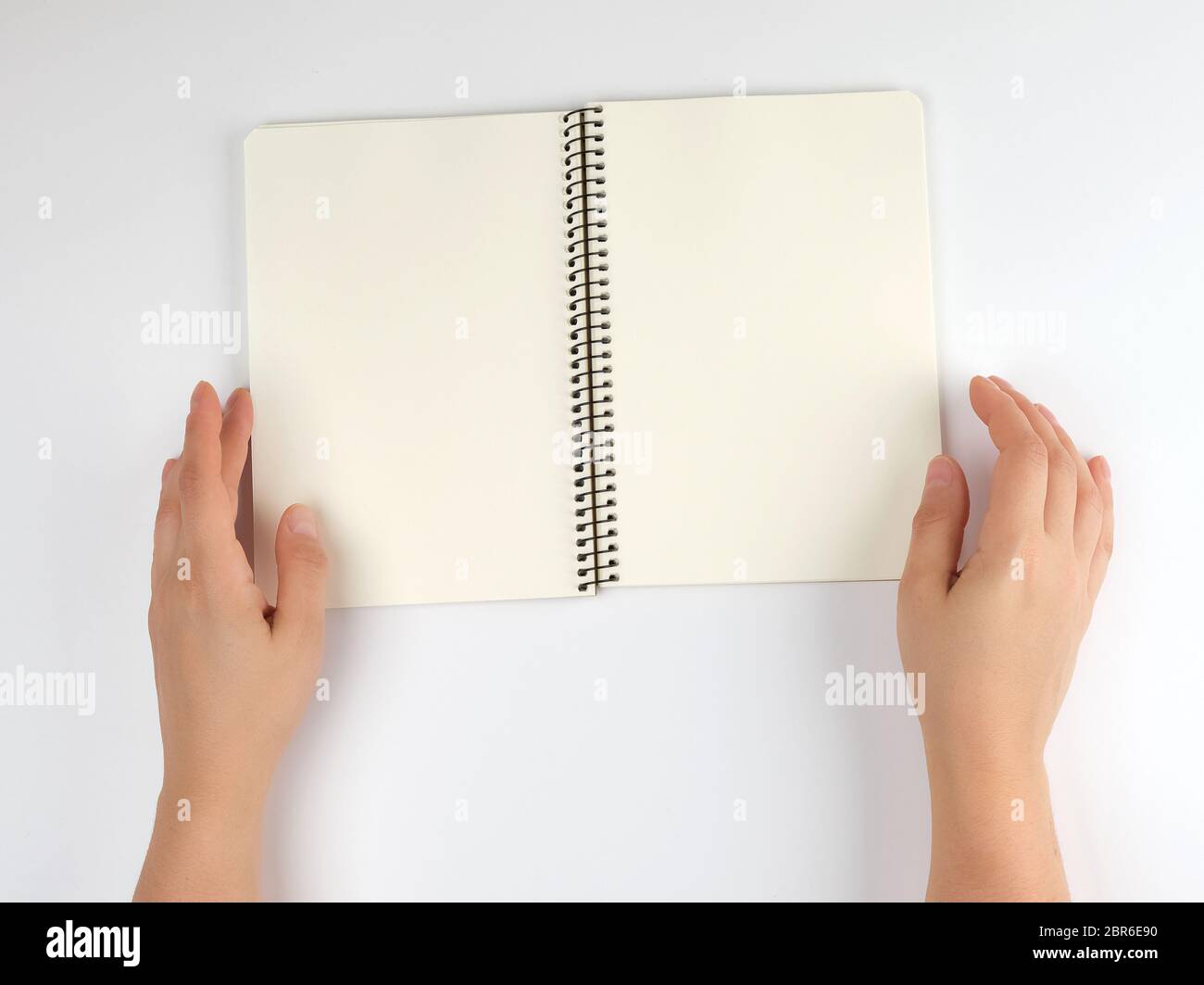 Zwei weibliche Hände halten open Notepad mit sauberen Laken auf einem weißen Hintergrund, Ansicht von oben Stockfoto