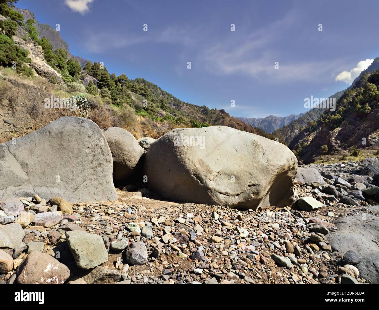 Teil des Naturschutzgebietes der "cumbrecita" eine geschützte Wandergebiet im Nationalpark auf La Palma, hier ein ausgetrocknetes Flussbett mit riesigen basaltstein Stockfoto