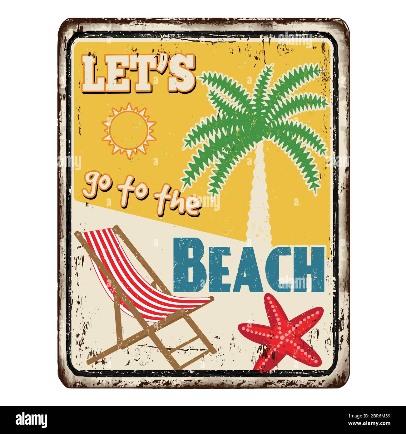 Gehen wir zum Strand Vintage rostigen Metall Zeichen auf einem weißen Hintergrund, Vektor-Illustration Stock Vektor