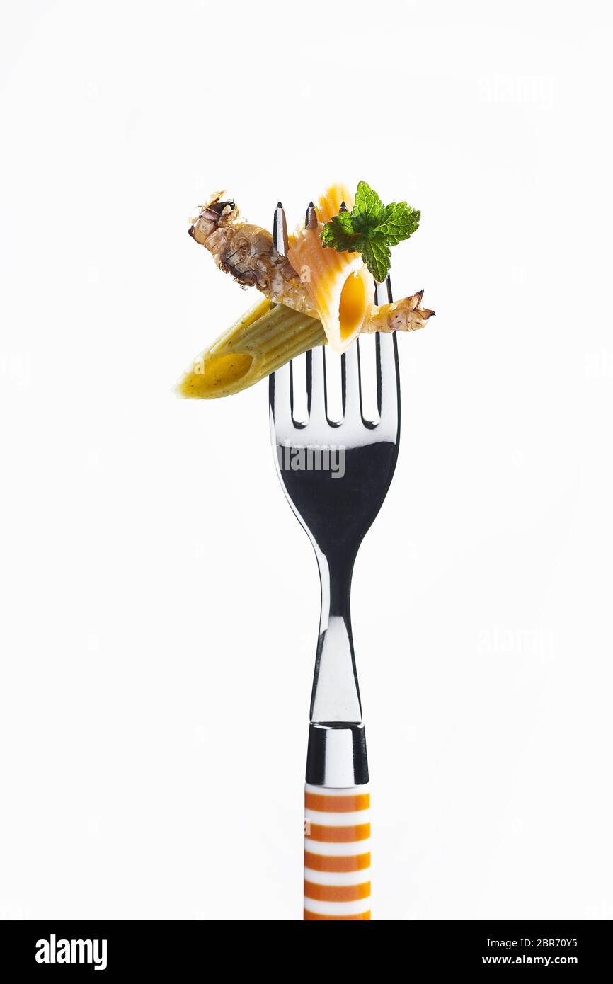 Italienische Nudeln mit gebratenen Caterpillar und Minze auf eine gestreifte Gabel auf Weiß mit Kopie Raum konzeptionelle der Ernährung von Bugs isoliert präsentiert ein Stockfoto